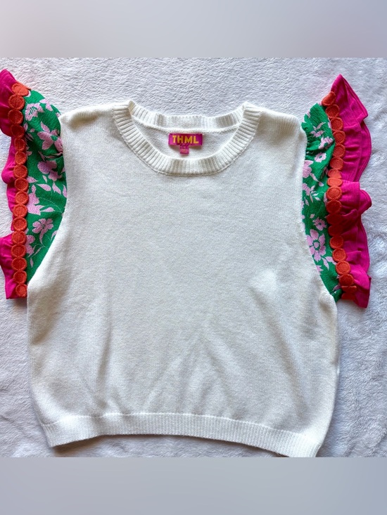 THML Sweaters - THML White Sweater with Colorful Green, Pink and Orange Ruffled Sleeves